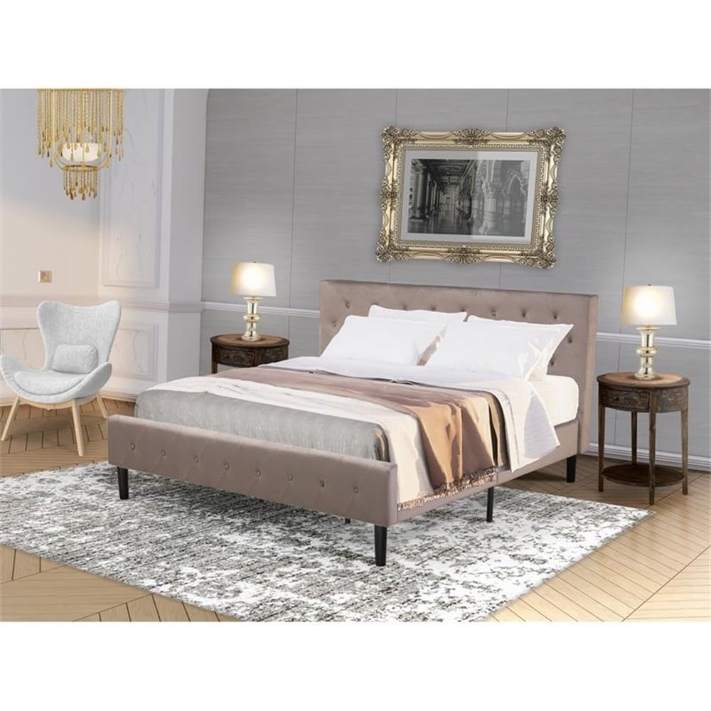 East West Furniture NLF-14-K Nolan Platform Bed Frame - Button Tufted Brown Taupe Velvet Fabric Upholstered Headboard & Footboard, Black Legs, King Size